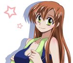  bare_shoulders blush breasts brown_hair cleavage code_geass large_breasts long_hair lowres miyakodori_takayuki one-piece_swimsuit shirley_fenette simple_background smile solo swimsuit towel yellow_eyes 