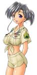  adapted_uniform arms_behind_back black_hair breasts copyright_request crop_top ebifly front-tie_top hair_ornament hairclip large_breasts midriff military military_uniform navel ponytail purple_eyes short_hair shorts solo uniform 