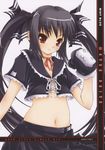  black_hair boxing_gloves flat_chest gloves hair_ribbon highres kooh long_hair midriff moyuru navel pangya red_eyes ribbon solo twintails 