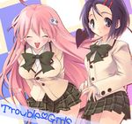  blue_hair hair_ornament hairclip lala_satalin_deviluke long_hair mugen_dai multiple_girls peke pink_hair plaid plaid_skirt sairenji_haruna school_uniform short_hair skirt tail to_love-ru 