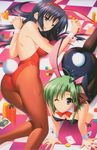  absurdres all_fours animal_ears ass backless_outfit bare_back bare_shoulders benibara_nadeshiko black_hair breasts bunny_ears bunnysuit card checkered checkered_floor cleavage fishnet_pantyhose fishnets green_hair hair_ribbon highres large_breasts looking_back lying_card multiple_girls one_eye_closed pantyhose perspective playing_card poker_chip purple_eyes red_eyes ribbon shigure_asa short_hair shuffle! suzuhira_hiro 