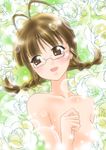  akizuki_ritsuko antenna_hair blush braid brown_eyes brown_hair glasses idolmaster idolmaster_(classic) idolmaster_1 itsuki_sayaka short_hair solo twin_braids 