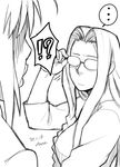  ... 2girls adjusting_eyewear artist_name artoria_pendragon_(all) azusa_(hws) dated fate/stay_night fate_(series) glasses greyscale long_hair monochrome multiple_girls opaque_glasses rider saber spoken_ellipsis 