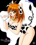  animal_ears animal_print bell bell_collar breasts cleavage collar copyright_request costume cow_bell cow_ears cow_girl cow_print earrings fang hoop_earrings horns jewelry large_breasts lingerie milk red_hair solo tail tomoya_kankurou underwear yellow_eyes 