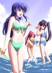  arin beach bikini black_hair blue_eyes blue_hair breasts cleavage cloud day flat_chest front-tie_top hana_(pangya) hozumi_isatsu kooh long_hair medium_breasts multiple_girls ocean open_mouth outdoors pangya ponytail red_eyes red_hair sidelocks small_breasts striped striped_bikini swimsuit twintails water 