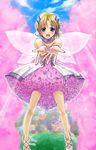  blonde_hair blue_sky blush brown_eyes cherry_blossoms cloud da day dress fairy fairy_wings flying frilled_dress frills light_rays looking_at_viewer mikami_mika original outdoors outstretched_arms pink_dress plant short_hair sky solo spring_(season) sunlight tree wings 