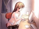  bow bow_panties bra brown_eyes brown_hair computer copyright_request crotch_seam fingering left-handed lingerie long_hair masturbation masturbation_through_clothing norizou_type-r panties pantyhose pantyhose_pull sitting sketch solo underwear underwear_only white_bra white_panties 