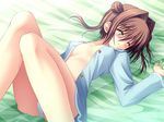  asakura_yume bed bed_sheet blue_panties blush brown_hair closed_eyes da_capo da_capo_ii no_bra no_pants open_clothes open_shirt panties sheet_grab shirt solo tanihara_natsuki underwear 