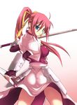  ahoge arm_guards armor ass blue_eyes breasts cropped_jacket duplicate fingerless_gloves floating_hair gloves hair_ribbon jacket levantine long_hair looking_at_viewer looking_back lyrical_nanoha magical_girl mahou_shoujo_lyrical_nanoha mahou_shoujo_lyrical_nanoha_a's medium_breasts open_clothes open_jacket pink_hair ponytail pose ribbon scabbard serious sheath signum skin_tight soba_(saz) solo sword very_long_hair waist_cape weapon 