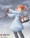  :d bag black_legwear brown_eyes brown_gloves brown_hair buttons coat cowboy_shot gloves handbag kimi_kiss long_sleeves looking_afar nyazui open_mouth outstretched_arms over_shoulder pantyhose ponytail sakino_asuka smile snowing solo winter_clothes winter_coat 