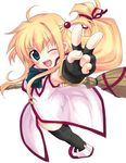  arisa_bannings blonde_hair blue_eyes broom burning_arisa from_above long_hair low-tied_long_hair lyrical_nanoha magical_girl mahou_shoujo_lyrical_nanoha minamura_haruki one_eye_closed open_mouth solo thighhighs twintails v 