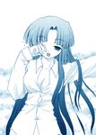  asakura_ryouko blue dress_shirt ebikko long_sleeves monochrome shirt sleepy solo suzumiya_haruhi_no_yuuutsu yawning 