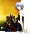  artist_request ayanami_rei bare_shoulders barefoot blue_hair camisole denim food fruit full_body grapes holding holding_food holding_fruit jug mouth_hold navel neon_genesis_evangelion off_shoulder pants red_eyes see-through short_hair simple_background sitting solo 