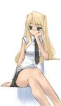  blonde_hair bored chin_rest copyright_request crossed_legs glasses green_eyes legs long_hair lowres miniskirt necktie shirt sitting skirt solo thighs tsuina waiting white_shirt 