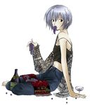  artist_request ayanami_rei bare_shoulders barefoot blue_hair bottle camisole denim food fruit full_body grapes holding holding_food holding_fruit mouth_hold navel neon_genesis_evangelion off_shoulder pants red_eyes see-through short_hair simple_background sitting solo white_background 