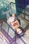  black_eyes black_hair book book_hug dress hairband holding holding_book lying on_back original pipes sandals solo stairs uni upside-down 