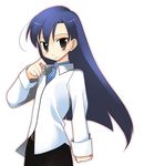  arata_toshihira arm_at_side black_skirt blue_hair brown_eyes idolmaster idolmaster_(classic) idolmaster_1 kisaragi_chihaya long_hair long_sleeves looking_at_viewer pencil_skirt simple_background skirt sleeve_cuffs solo very_long_hair white_background 