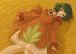  antenna_hair back_bow bow breasts choker dress farah_oersted green_hair highres kobayashi_yuuji lying medium_breasts red_choker red_eyes solo tales_of_(series) tales_of_eternia 