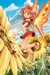  :d barefoot fairy fiery_wings fire flower garun_wattanawessako happy midriff nature navel open_mouth original red_eyes red_hair short_hair smile solo sunflower wings 
