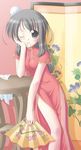  arm_support artist_request black_eyes black_hair bun_cover chin_rest china_dress chinese_clothes copyright_request dress fan flower folding_fan folding_screen leaning mouth_hold one_eye_closed smile solo table towel 