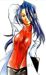  arm_up artist_name bangs blue_eyes blue_hair breasts breasts_apart buttons clipboard cowboy_shot dated earrings glasses hair_over_one_eye hand_behind_head holding jewelry justice_gakuen kanzaki_raimu labcoat large_breasts lipstick makeup mature minazuki_kyouko open_clothes pencil_skirt red_lipstick ribbed_sweater rimless_eyewear shiritsu_justice_gakuen simple_background skirt smile solo sweater turtleneck white_background 