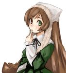  blush brown_hair dress flat_chest frills green_dress green_eyes hat heterochromia lolita_fashion long_hair long_sleeves open_mouth red_eyes ribbon rozen_maiden solo suiseiseki tamaru_tokihiko very_long_hair white_background 