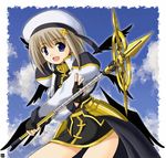  black_wings blonde_hair blue_eyes cropped_jacket fingerless_gloves gloves hair_ornament hana_(hana_mo_arashi_mo) hat jacket lyrical_nanoha magical_girl mahou_shoujo_lyrical_nanoha mahou_shoujo_lyrical_nanoha_a's open_clothes open_jacket open_mouth schwertkreuz short_hair skirt smile solo staff unison waist_cape wings x_hair_ornament yagami_hayate 