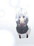  ahoge blue_eyes blue_hair copyright_request from_above jirou_(chekoro) long_hair looking_at_viewer looking_up school_uniform snow snowing solo 