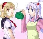  alice_margatroid alternate_costume apron artist_request blonde_hair hairband mother_and_daughter motherly multiple_girls obentou purple_eyes purple_hair school_uniform shinki short_hair side_ponytail touhou translation_request yellow_eyes 