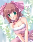  :d amami_haruka bangs bare_shoulders blunt_bangs blush bob_cut bow breast_squeeze breasts brown_hair cleavage cute_&amp;_girly_(idolmaster) dress dutch_angle fur_trim glowing green_eyes hair_bow hinata_momo idolmaster idolmaster_(classic) idolmaster_1 large_breasts open_mouth pink_bow sash scarf short_hair smile snow_strawberry_(idolmaster) solo star translated upper_body 