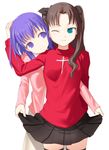  fate/stay_night fate_(series) hand_on_another's_head matou_sakura multiple_girls one_eye_closed siblings sisters skirt skirt_hold skirt_lift thighhighs toosaka_rin turtleneck uni 