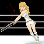  a1 ahoge blonde_hair blood boots cameltoe chair chair_smash cool_&amp;_sexy_(idolmaster) folding_chair hoshii_miki idolmaster idolmaster_(classic) idolmaster_1 long_hair one_eye_closed solo spandex violence wrestling 