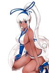  blue_eyes bow breasts dark_skin gloves large_breasts m-hit majikina_mina ponytail samurai_spirits sideboob snk solo white_hair 