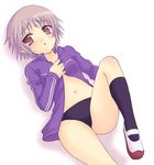  bangs buruma gym_uniform nagato_yuki open_clothes open_shirt saki_chisuzu shirt short_hair solo suzumiya_haruhi_no_yuuutsu 