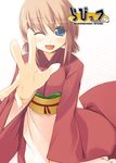  ;d blue_eyes brown_hair cowboy_shot japanese_clothes jirou_(chekoro) kimono long_sleeves looking_at_viewer obi one_eye_closed open_mouth original sash short_hair simple_background smile solo standing white_background wide_sleeves 