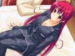  asagiri_yayoi bed blush breasts cleavage game_cg large_breasts long_hair onegai_goshujin-sama! orange_eyes pajamas red_hair solo yukirin 