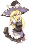  alternate_hairstyle apron arm_behind_back blonde_hair hat kirisame_marisa long_hair looking_at_viewer obscur sidelocks simple_background smile solo touhou witch_hat yellow_eyes 