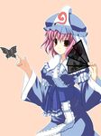  black_butterfly bug butterfly fan folding_fan hat insect kaneru long_sleeves mob_cap outline pink_hair red_eyes robe saigyouji_yuyuko sash short_hair simple_background solo touhou triangular_headpiece white_outline wide_sleeves 