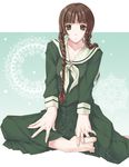  barefoot braid feet hair_over_shoulder maria-sama_ga_miteru nakaizumi_tatsuya school_uniform shimazu_yoshino solo toes twin_braids 