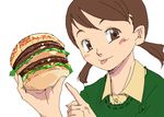 :p artist_request beef brown_eyes brown_hair food green_shirt hamburger long_sleeves looking_at_viewer megamac oekaki original pointing salad shirt short_hair simple_background solo tongue tongue_out twintails upper_body white_background 