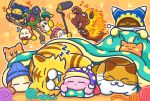  =_= beanie blanket blue_hat bow bowtie burning_leo cat_day commentary_request copy_ability drooling fangs flying_sweatdrops furoshiki galbel hat headphones kirby kirby_(series) lion magolor mouth_hold musical_note nago nintendo no_humans official_art orange_background paw_print red_neckwear rope scarfy sleeping tac_(kirby) theft tiger waddle_dee yarn yarn_ball 