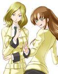  artist_request belt belt_buckle black_skirt blonde_hair blue_eyes brown_hair buckle code_geass cowboy_shot dress green_eyes long_sleeves looking_at_viewer lowres milly_ashford multiple_girls shirley_fenette simple_background skirt white_background yellow_dress 