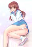  asahina_mikuru blue_sailor_collar blue_skirt brown_eyes brown_hair kita_high_school_uniform long_hair panties sailor_collar school_uniform serafuku shoes skirt socks solo suzumiya_haruhi_no_yuuutsu underwear upskirt white_panties yumeno_naka 