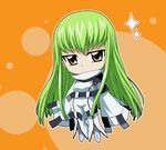  bangs bodysuit c.c. chibi closed_mouth code_geass expressionless full_body green_hair isse jitome long_hair long_sleeves looking_at_viewer orange_background robe simple_background solo sparkle standing turtleneck white_bodysuit wide_sleeves yellow_eyes 