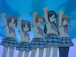  :3 amamiya_manami bow clenched_hand etou_mei gakuen_utopia_manabi_straight! inamori_mika multiple_girls odori_momoha pink_bow plaid plaid_skirt raised_fist screencap seiou_gakuen_school_uniform skirt thighhighs uehara_mutsuki victory_pose 