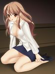  asahina_mikuru_(adult) blue_skirt breasts brown_eyes brown_hair cleavage eyebrows_visible_through_hair full_body high_heels large_breasts lipstick long_hair long_sleeves makeup no_bra open_clothes open_shirt partially_unbuttoned pencil_skirt piyodera_mucha pumps shirt sitting skirt solo suzumiya_haruhi_no_yuuutsu yokozuwari 