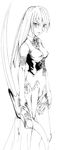  bare_shoulders breasts covered_nipples greyscale long_hair medium_breasts monochrome original shinonome_(boshinote) simple_background solo sword tsurime weapon white_background 