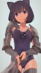  1girl akagi_(fmttps) animal_ears arm_armor armor bangs black_hair cat_ears contrapposto cowboy_shot eyebrows_visible_through_hair gauntlets grey_background head_tilt highres holding holding_sword holding_weapon looking_at_viewer original purple_eyes school_swimsuit short_hair shoulder_armor solo stopwatch swimsuit sword tan thighhighs watch weapon 