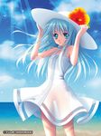  arms_up artist_name bangs bare_arms bare_shoulders beach bird blue_eyes breasts cloud cloudy_sky copyright day dress flower hands_on_headwear hat hat_flower horizon light_particles light_rays long_hair looking_at_viewer nishiwaki_yuuri no_panties ocean original outdoors parted_lips see-through shore silver_hair sky sleeveless sleeveless_dress small_breasts solo spaghetti_strap standing sun_hat sunbeam sunlight water watermark white_dress white_hat 