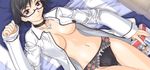  bed book breasts glasses highres lying medium_breasts minakami_yuuma no_bra open_clothes open_shirt original panties resized shirt solo underwear 